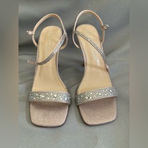 Betsey Johnson Rhinestone Flare Heel Sandals. Size 6 in Blush. Heel is 3 1/2”